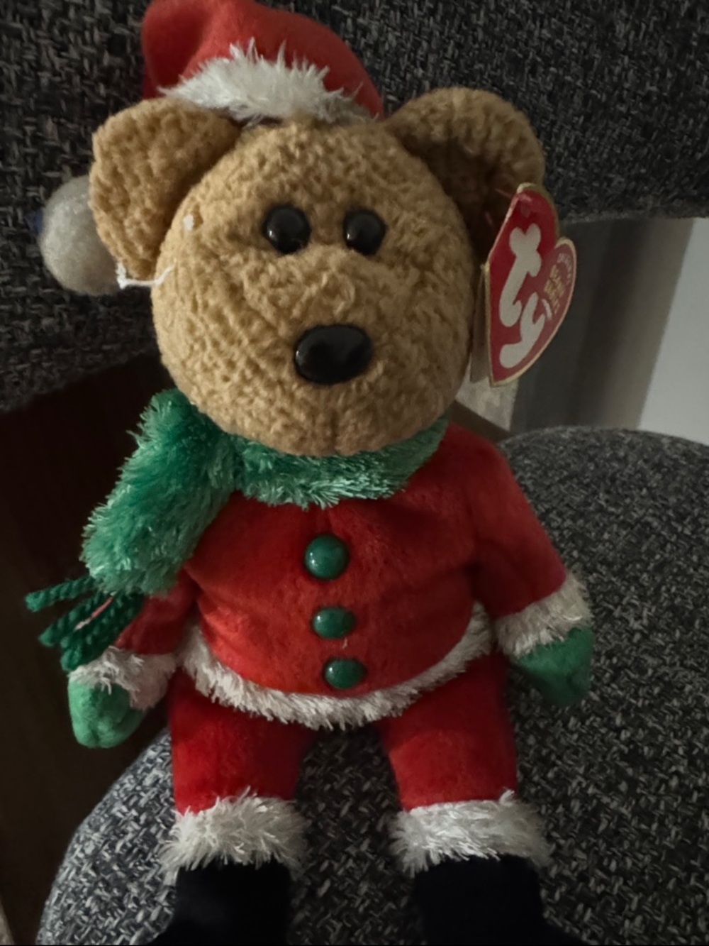 Ty (Kringle) 2003 Plush Bear in Red Outfit with Green Scarf